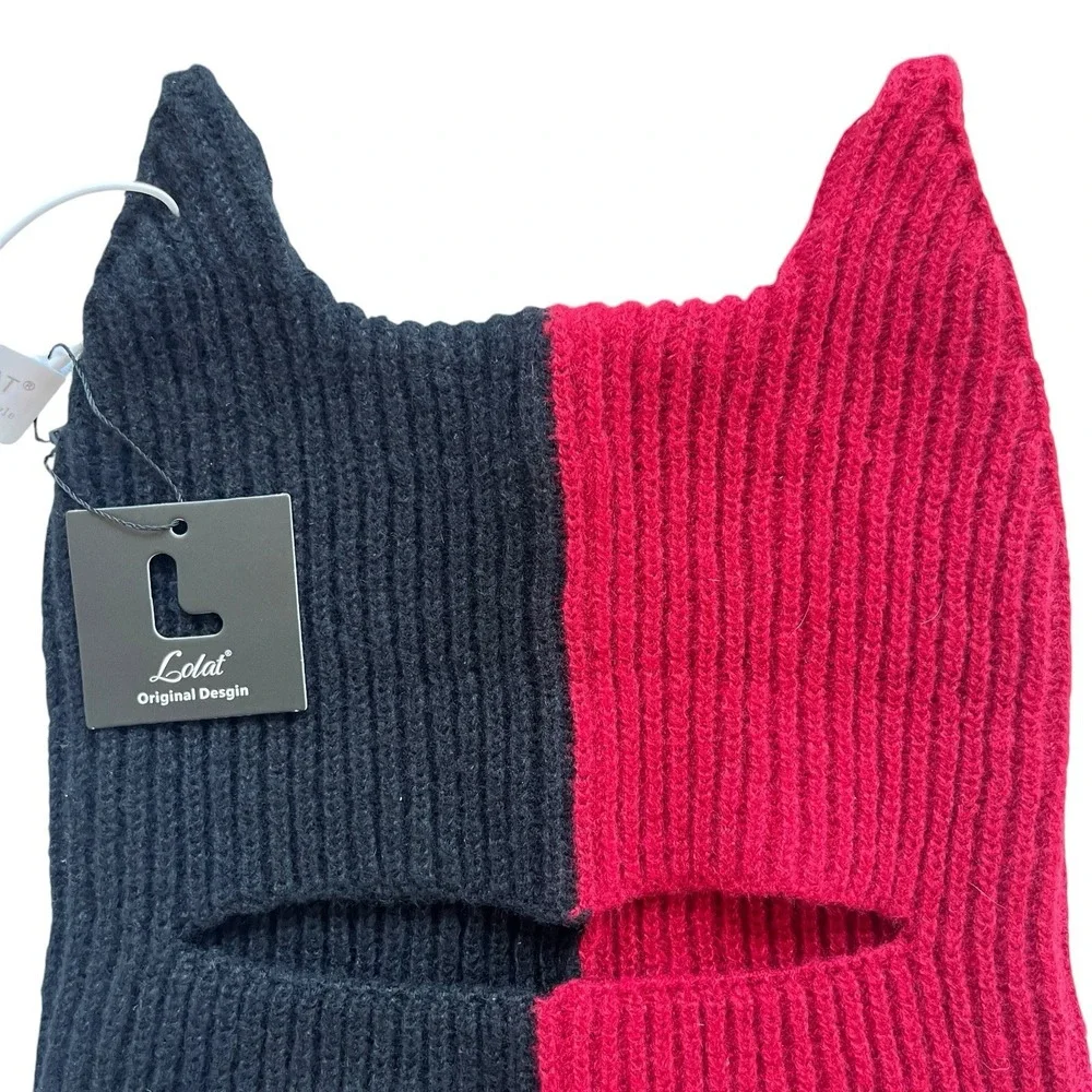 Devil Horn Balaclava Ski Mask Red Black Knit Full Face 1 Hole Lolat Winter Goth